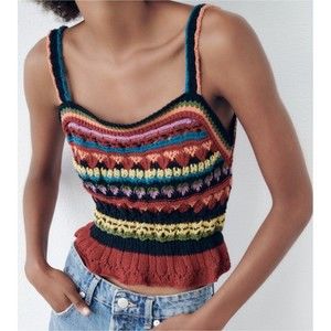 ZARA Multicolor Striped  Crochet Knit Top